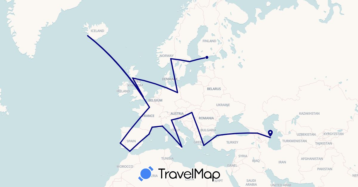 TravelMap itinerary: driving in Azerbaijan, Germany, Spain, Finland, France, United Kingdom, Georgia, Gibraltar, Greece, Hungary, Iceland, Italy, Monaco, Norway, Portugal, Sweden, Slovenia, Turkey (Asia, Europe)